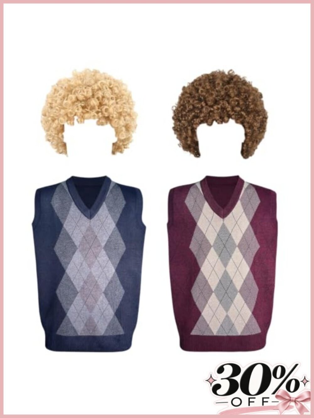 Halloween Couples Cosplay Costume Argyle Sweater Vests Fluffy Afro Wigs Set
